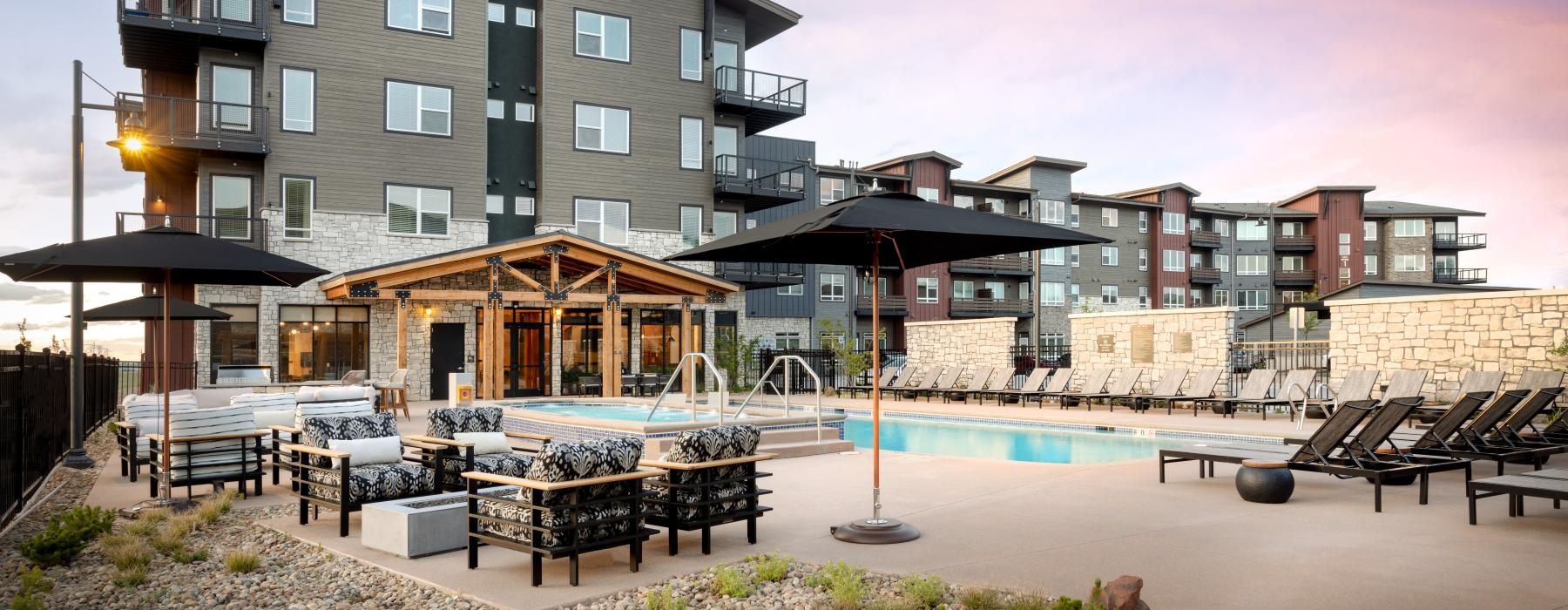 a pool and a building